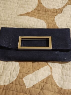 White House Black Market Navy Clutch with Gold Rectangle Hardware